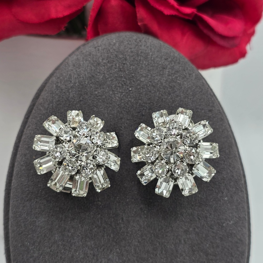Loren Hope Silver Clear Crystal Sunburst Cluster Clip On Earrings Vintage Style